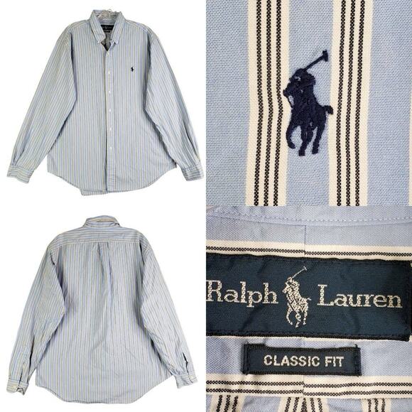 Polo Ralph Lauren Shirt Oxford Button Down Blue Striped LS Size Large L - Picture 1 of 10